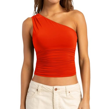 SUUKSESS Women Double Lined Going Out Trendy Crop Tops One Shoulder Ruched Casual Sleeveless Shirts ...