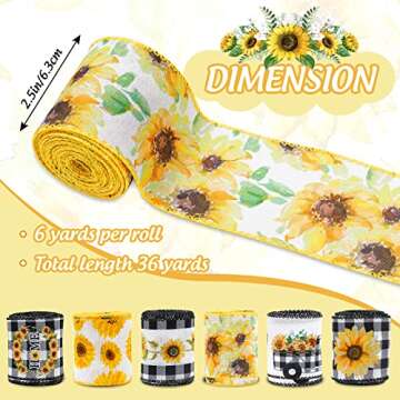 Whaline 36 Yard Sunflower Wired Edge Ribbon 6 Roll 2.5 Inch Buffalo Plaids Flower Fabric Ribbon Spri...