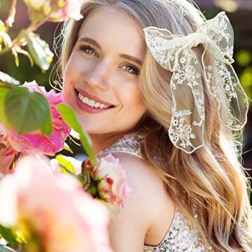 PAGOW 3PCS Lace Bow Hair Clips, Korean-Style Flower Hair-Bow Barrette Hair Accessories, Handmade Hair Decor For Women Girls (3 Colors: White, Black, Beige)