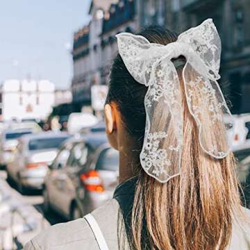 PAGOW 3PCS Lace Bow Hair Clips, Korean-Style Flower Hair-Bow Barrette Hair Accessories, Handmade Hair Decor For Women Girls (3 Colors: White, Black, Beige)