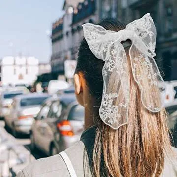 PAGOW 3PCS Lace Bow Hair Clips, Korean-Style Flower Hair-Bow Barrette Hair Accessories, Handmade Hair Decor For Women Girls (3 Colors: White, Black, Beige)