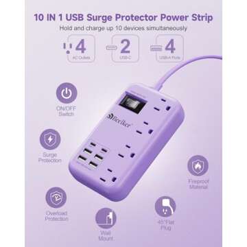 6 USB(2 USB C) Purple Travel Power Strip- 5Ft Purple Extension Cord with 24W USB Charging Station and 4 Outlets, Purple Desk Accessories with Surge Protector for Cute Kawaii Lavender Office Dorm Room