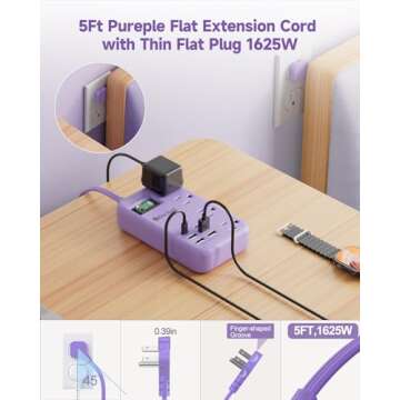 6 USB(2 USB C) Purple Travel Power Strip- 5Ft Purple Extension Cord with 24W USB Charging Station and 4 Outlets, Purple Desk Accessories with Surge Protector for Cute Kawaii Lavender Office Dorm Room