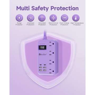 6 USB(2 USB C) Purple Travel Power Strip- 5Ft Purple Extension Cord with 24W USB Charging Station and 4 Outlets, Purple Desk Accessories with Surge Protector for Cute Kawaii Lavender Office Dorm Room
