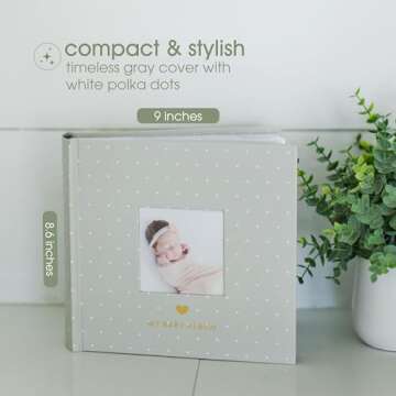 Pearhead Baby Photo Album, Keepsake Book for New and Expecting Parents, Gender-Neutral Baby Accessory, Ideal Gift for Baby Shower, Holds 200 Pictures, Gray and White Polka Dot