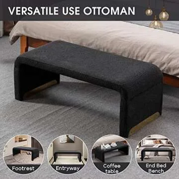 NIOIIKIT 43.3'' Ottoman Bench with Boucle Fabric, Faux Fur End of Bed Bench with Golden Metal Legs, Upholstered Entryway Bench for Living Room, Bedroom, Entryway (Black)