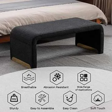 NIOIIKIT 43.3'' Ottoman Bench with Boucle Fabric, Faux Fur End of Bed Bench with Golden Metal Legs, Upholstered Entryway Bench for Living Room, Bedroom, Entryway (Black)