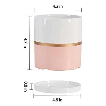 Ekirlin 4 inch Plant Pot - Ceramic Flower Planters Indoor - Modern Succulents Containers with Drain Hole Saucer, Decorate Home, Office & Outdoor (Pink)