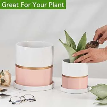 Ekirlin 4 inch Plant Pot - Ceramic Flower Planters Indoor - Modern Succulents Containers with Drain Hole Saucer, Decorate Home, Office & Outdoor (Pink)