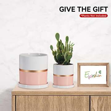 Ekirlin 4 inch Plant Pot - Ceramic Flower Planters Indoor - Modern Succulents Containers with Drain Hole Saucer, Decorate Home, Office & Outdoor (Pink)