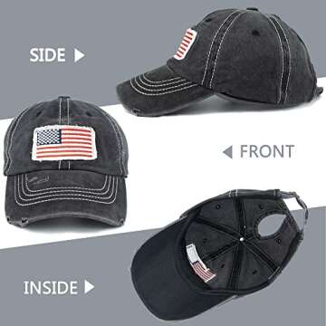 Distressed Ponytail Hat for Women American-Flag Pony Tail Caps High Bun Black
