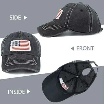 Distressed Ponytail Hat for Women American-Flag Pony Tail Caps High Bun Black