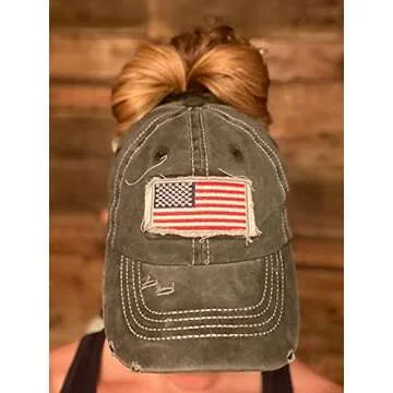 Distressed Ponytail Hat for Women American-Flag Pony Tail Caps High Bun Black