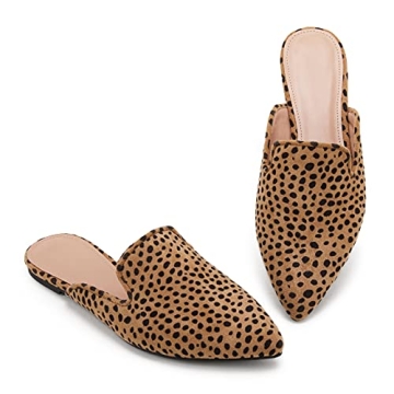Womens Pointed Toe Mules Low Heel Loafers Slip On Leopard Flats Slide Backless Cut Out Comfortable S...