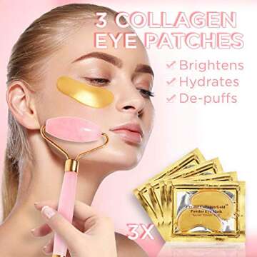 Royal Jade | Rose Quartz Roller and Gua Sha Scrap Tool | Plus 24K Gold Eye Treatment Masks 3 Pairs |...