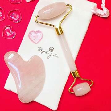 Royal Jade | Rose Quartz Roller and Gua Sha Scrap Tool | Plus 24K Gold Eye Treatment Masks 3 Pairs | Anti-Aging Beauty Kits for Slimming, Toning and Firming Skin | Reduce Puffy Eyes and Firm Wrinkles