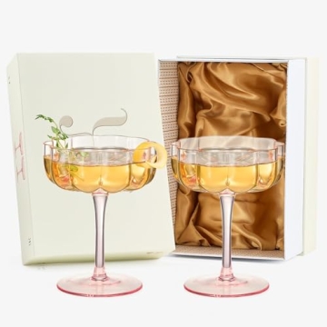 Khen Flower Vintage Wavy Petals Wave Glass Coupes 7oz Colorful Valentine's Day Cocktail Glasses, Set of 2 - Rippled Champagne, Martini, Prosecco, Mimosa Glassware, Elegant Barware (Pink)