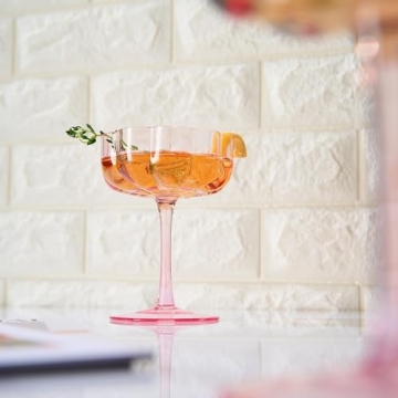 Khen Flower Vintage Wavy Petals Wave Glass Coupes 7oz Colorful Valentine's Day Cocktail Glasses, Set of 2 - Rippled Champagne, Martini, Prosecco, Mimosa Glassware, Elegant Barware (Pink)