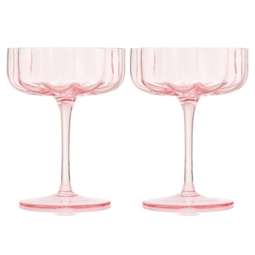 Khen Flower Vintage Wavy Petals Wave Glass Coupes 7oz Colorful Valentine's Day Cocktail Glasses, Set of 2 - Rippled Champagne, Martini, Prosecco, Mimosa Glassware, Elegant Barware (Pink)