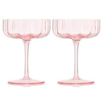 Khen Flower Vintage Wavy Petals Wave Glass Coupes 7oz Colorful Valentine's Day Cocktail Glasses, Set of 2 - Rippled Champagne, Martini, Prosecco, Mimosa Glassware, Elegant Barware (Pink)