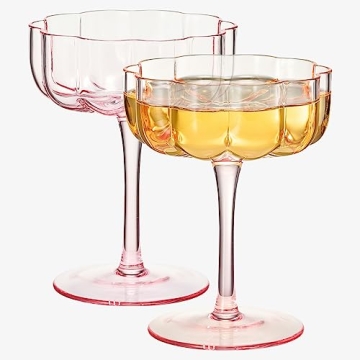 Khen Flower Vintage Wavy Petals Wave Glass Coupes 7oz Colorful Valentine's Day Cocktail Glasses, Set of 2 - Rippled Champagne, Martini, Prosecco, Mimosa Glassware, Elegant Barware (Pink)