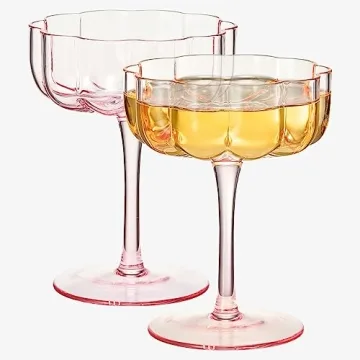 Khen Flower Vintage Wavy Petals Wave Glass Coupes 7oz Colorful Valentine's Day Cocktail Glasses, Set of 2 - Rippled Champagne, Martini, Prosecco, Mimosa Glassware, Elegant Barware (Pink)