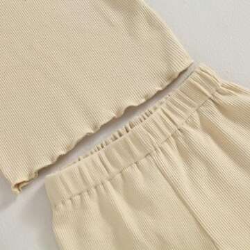 Kupretty 2Pcs Toddlers Baby Girls Summer Clothes Set Ruffle Ribbed Knit Short Sleeves T-Shirt Tops Shorts Cotton Outfits (Beige, 12-18 Months)