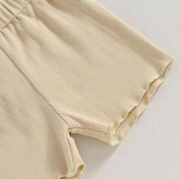 Kupretty 2Pcs Toddlers Baby Girls Summer Clothes Set Ruffle Ribbed Knit Short Sleeves T-Shirt Tops Shorts Cotton Outfits (Beige, 12-18 Months)