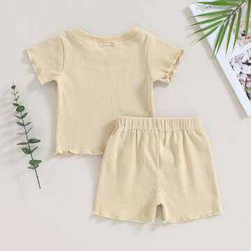 Kupretty 2Pcs Toddlers Baby Girls Summer Clothes Set Ruffle Ribbed Knit Short Sleeves T-Shirt Tops Shorts Cotton Outfits (Beige, 12-18 Months)