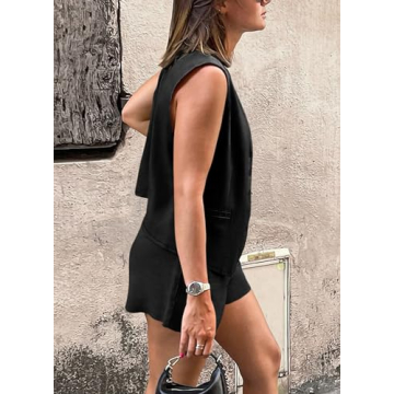 PRETTYGARDEN Women's 2 Piece Summer Matching Sets Button Front V Neck Vest Waistcoat Sleeveless Tops and Shorts with Pockets (Black,Large)