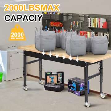 60" Adjustable Work Bench, Rubber Wood Top Workbench Heavy-Duty Work Table with Power Outlet with Wheels, 2000 LBS Load Capacity Hardwood Work Benches for Garage, Workshop, Home, Office, Easy Assembly