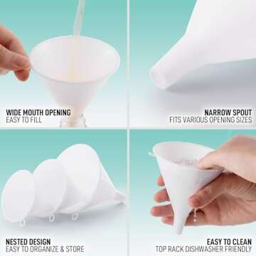 Zulay 3-Pieces Plastic Funnel Set - Large, Medium, and Small Kitchen Funnels for Filling Bottles - Food Grade Cooking Funnel Set of 3