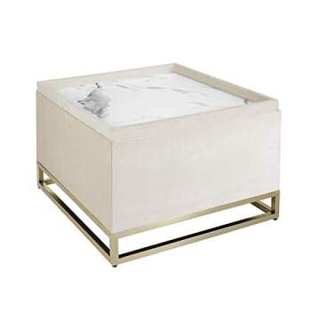 Inspire Me! Home Décor Caroline Ottoman with Inset Faux Marble Coffee Table Lid, Classy Sand Shell Soft Velvet, 24 x 24 x 17 in, Glamorous Tufted Design, Comfortable Seating, Hidden Storage