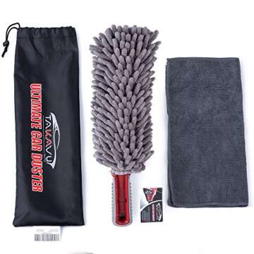 Car Duster Interior by TAKAVU, 360° Microfiber Fingers, Unbreakable Comfort Handle, Lint and Scratch Free, Include Microfiber Towel, for Car & Home Use, The Best Auto Accessories Gray