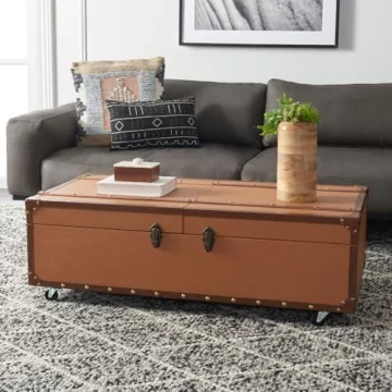 SAFAVIEH Cognac Faux Leather Storage Trunk with Wheels