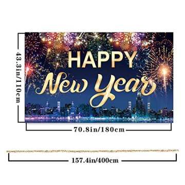 Famoby Happy New Year Fabric Sign Poster Banner Backdrop with Fireworks for New Year Photo Booth Background Party Decorations