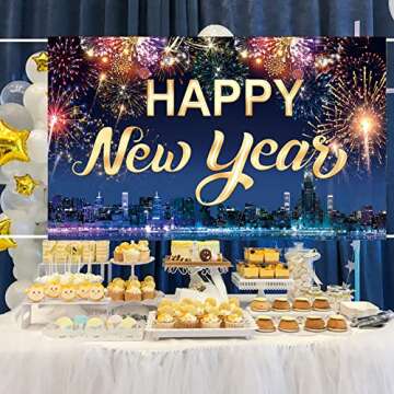 Famoby Happy New Year Fabric Sign Poster Banner Backdrop with Fireworks for New Year Photo Booth Background Party Decorations