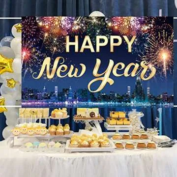Famoby Happy New Year Fabric Sign Poster Banner Backdrop with Fireworks for New Year Photo Booth Background Party Decorations