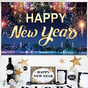 Famoby Happy New Year Fabric Sign Poster Banner Backdrop with Fireworks for New Year Photo Booth Background Party Decorations