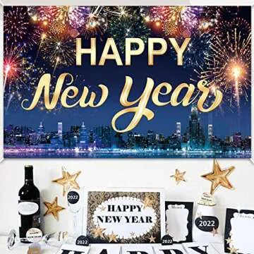 Famoby Happy New Year Fabric Sign Poster Banner Backdrop with Fireworks for New Year Photo Booth Background Party Decorations