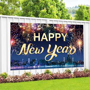 Famoby Happy New Year Fabric Sign Poster Banner Backdrop with Fireworks for New Year Photo Booth Background Party Decorations