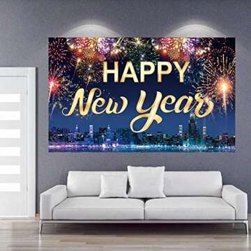 Famoby Happy New Year Fabric Sign Poster Banner Backdrop with Fireworks for New Year Photo Booth Background Party Decorations