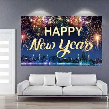Famoby Happy New Year Fabric Sign Poster Banner Backdrop with Fireworks for New Year Photo Booth Background Party Decorations