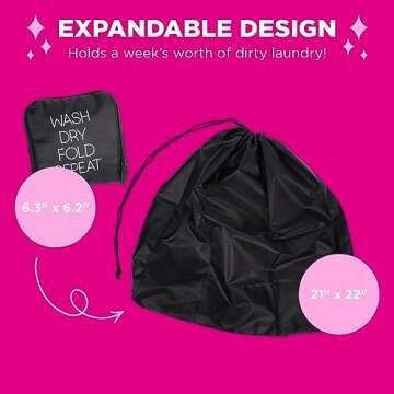 Miamica Soft Travel Laundry Bag with Zipper and Drawstring, Black, 21” x 22” – Keep Your Dirty Clothes Separate and Your Suitcase Organized – Expandable, Durable, and Foldable Laundry Bag
