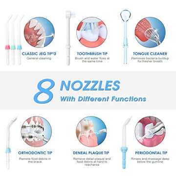 TUREWELL Water Flossing Oral Irrigator, 600ML Dental Cleaner 10 Adjustable Pressure, Electric Oral Flosser for Teeth/Braces, 8 Replacement Jet Tips for Family (White)