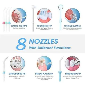 TUREWELL Water Flossing Oral Irrigator, 600ML Dental Cleaner 10 Adjustable Pressure, Electric Oral Flosser for Teeth/Braces, 8 Replacement Jet Tips for Family (White)
