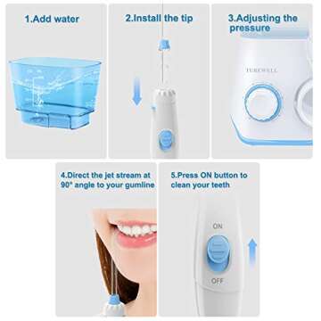 TUREWELL Water Flossing Oral Irrigator, 600ML Dental Cleaner 10 Adjustable Pressure, Electric Oral Flosser for Teeth/Braces, 8 Replacement Jet Tips for Family (White)