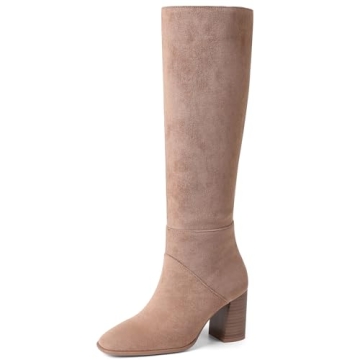 EQAUDES Brown Knee High Boots Women Fall Square Toe Faux Suede Boots with Chunky Heel Long Wide Calf...