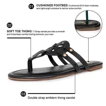 Athlefit Womens Flat Sandals Leather Casual Slip on Comfortable Flip Flops Thong Beach Black Sandal Dressy Size 9