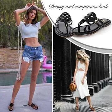 Athlefit Womens Flat Sandals Leather Casual Slip on Comfortable Flip Flops Thong Beach Black Sandal Dressy Size 9